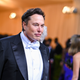 Elon Musk in a tuxedo at the Met Gala, surrounded by people.